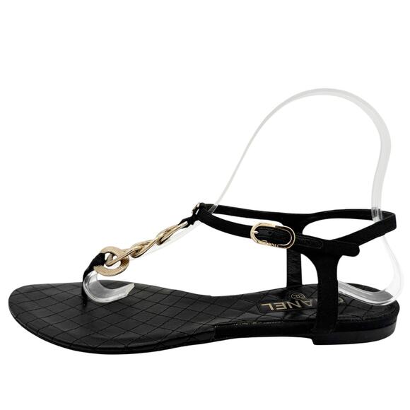 Chanel CC Logo Gold Chain Thong Sandals Black Quilted Leather EU 38.5 US 7.5-8 - Picture 6 of 11